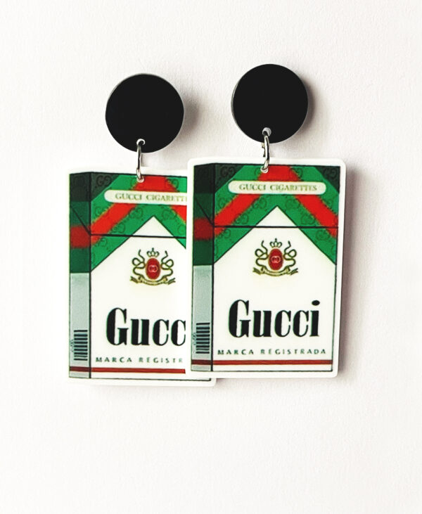 Step into a world of high fashion with these edgy, Gucci-inspired earrings, crafted to resemble the sleek and rebellious look of a designer cigarette packet.