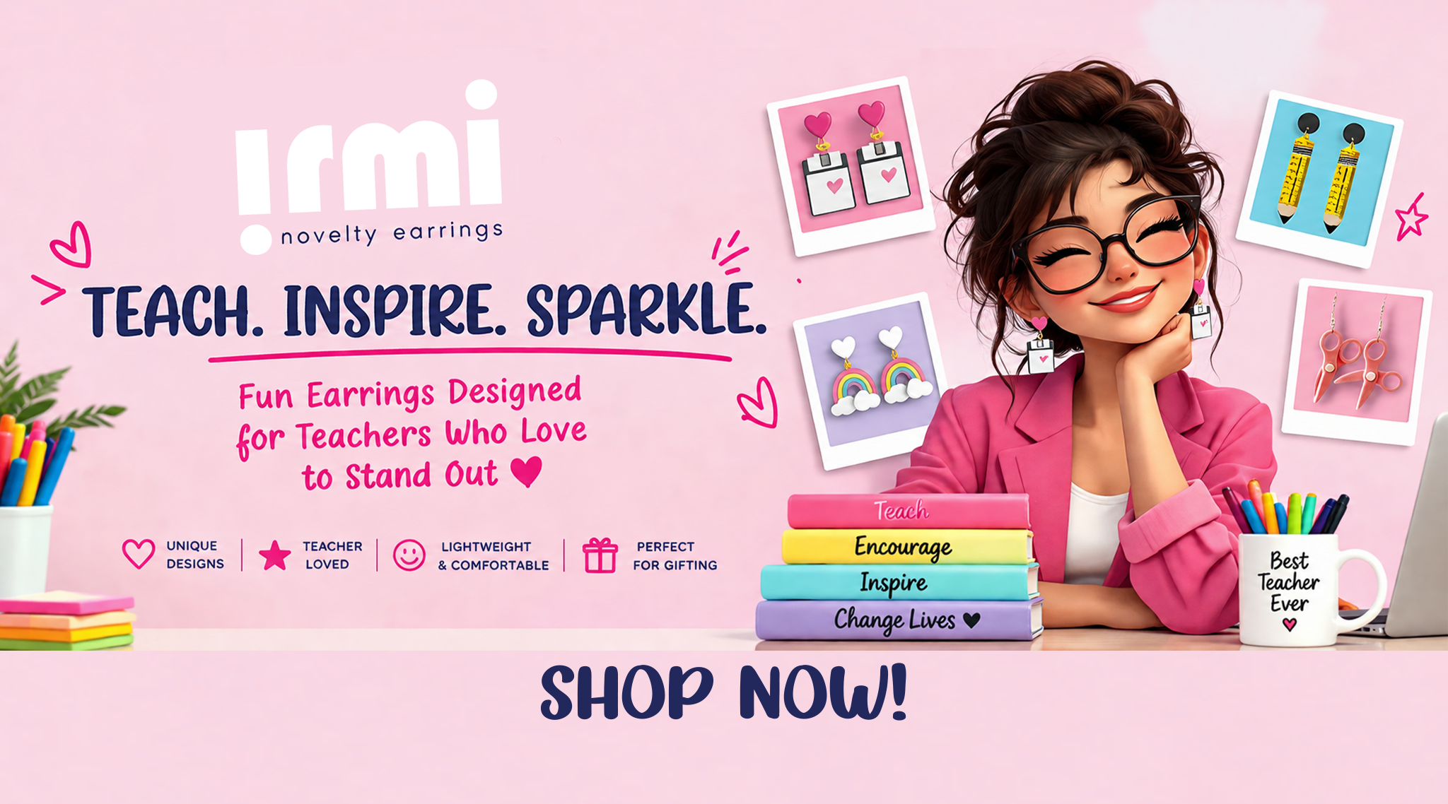 irmi teacher earrings, fun quirky novelty earrings teacher, students, kids, adults. playful